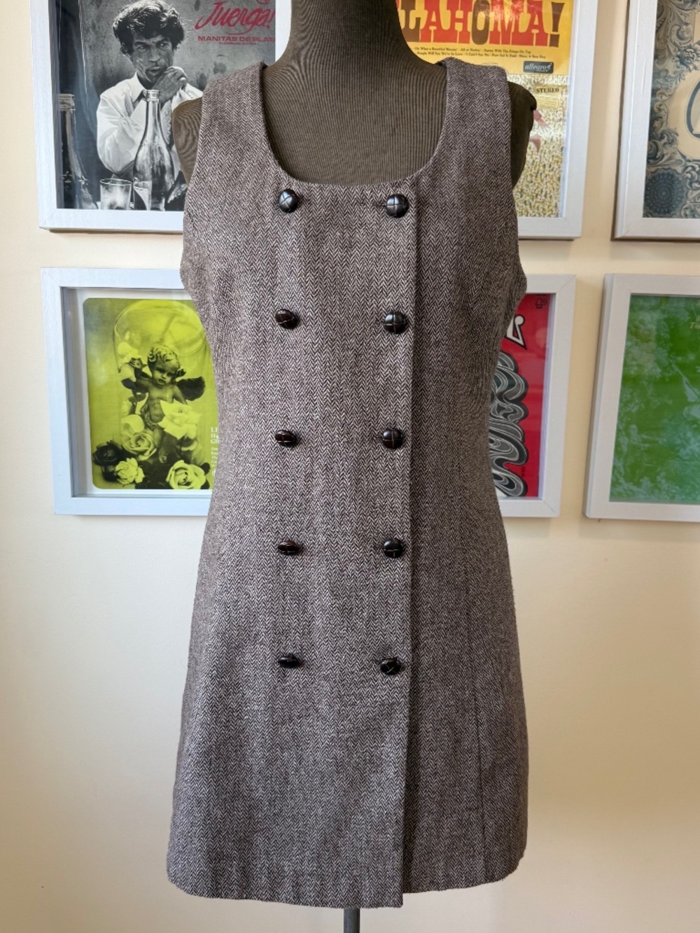 VINTAGE 90s HERRINGBONE MINI SHIFT DRESS – DARK ACADEMIA BUTTON FRONT MOD DRESS